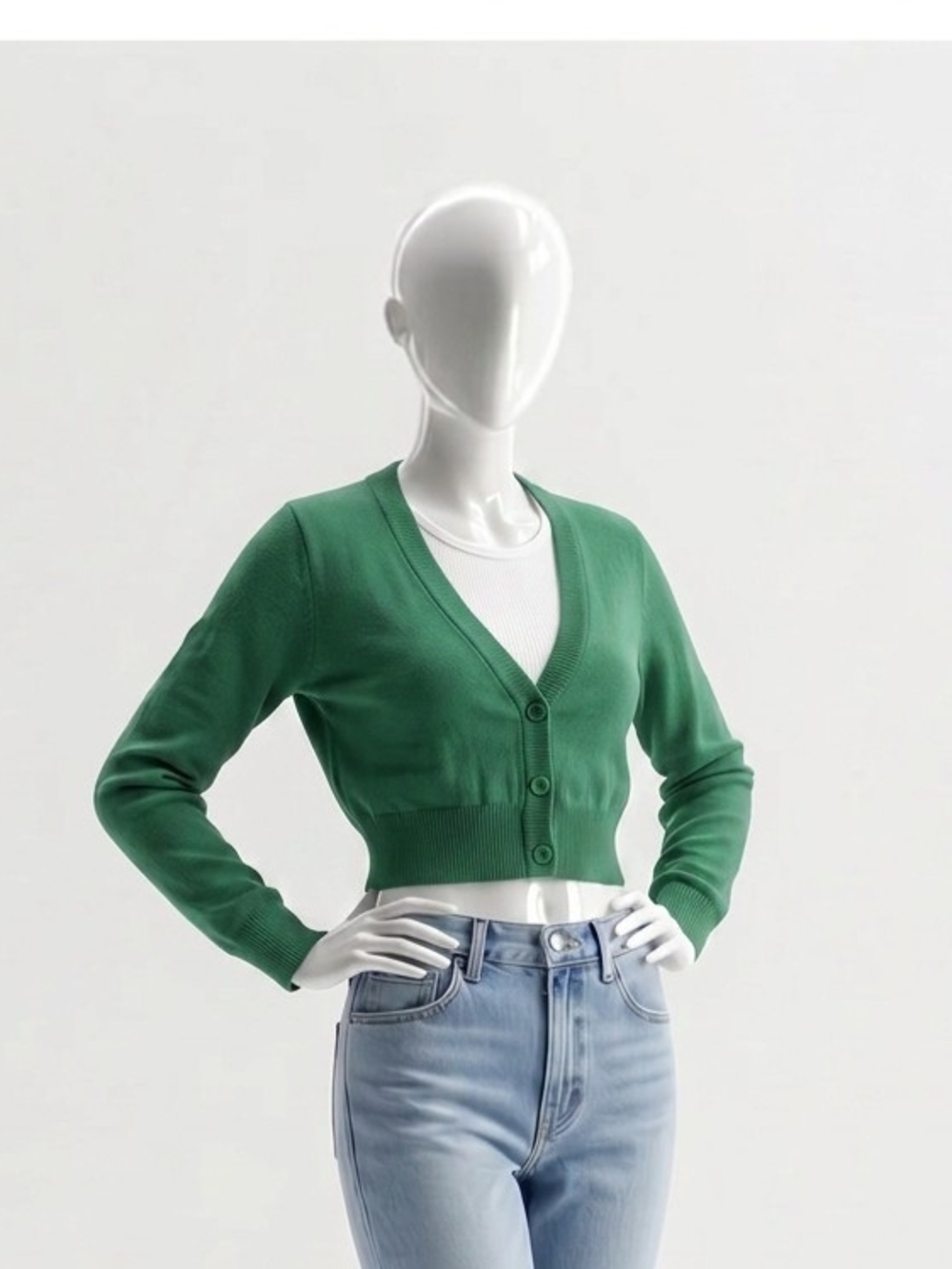 Cropped V-Neck Green Button-Front Cardigan